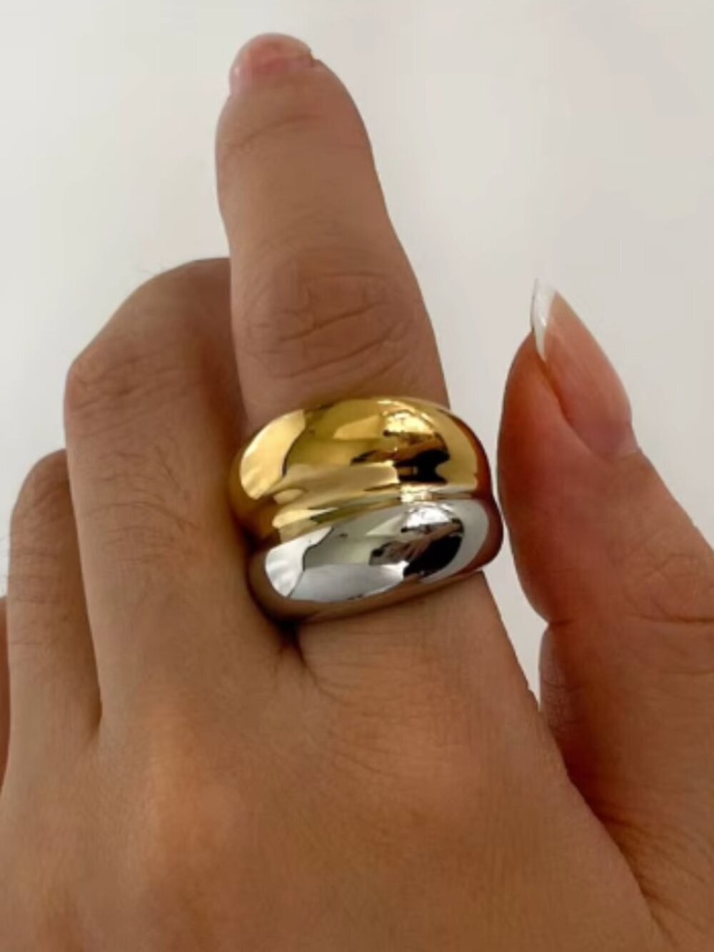 18k Gold Silver Two Tone Ring Chunky Ring Bold Statement Ring Double Dome Ring